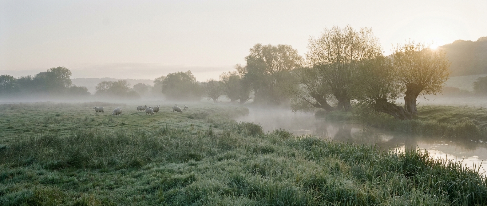 A misty meadow at dawn beside the River Avon, with grazing sheep and dew on the grass