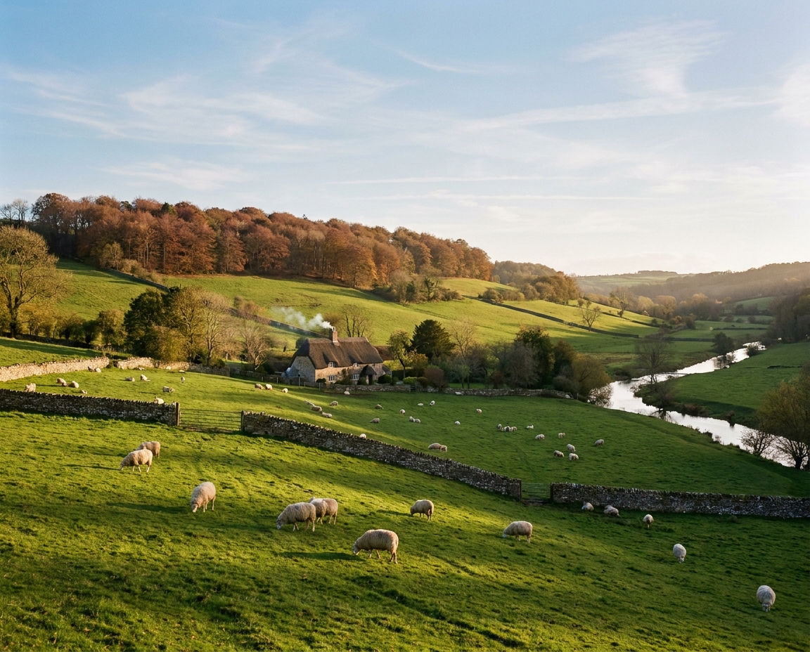 Sunlight breaking over a hillside in the Avon Valley with grazing sheep