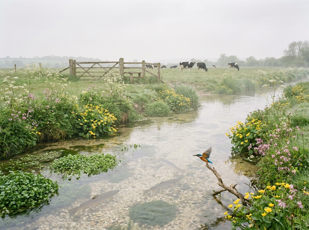 A clear chalk stream with trout visible beneath the surface