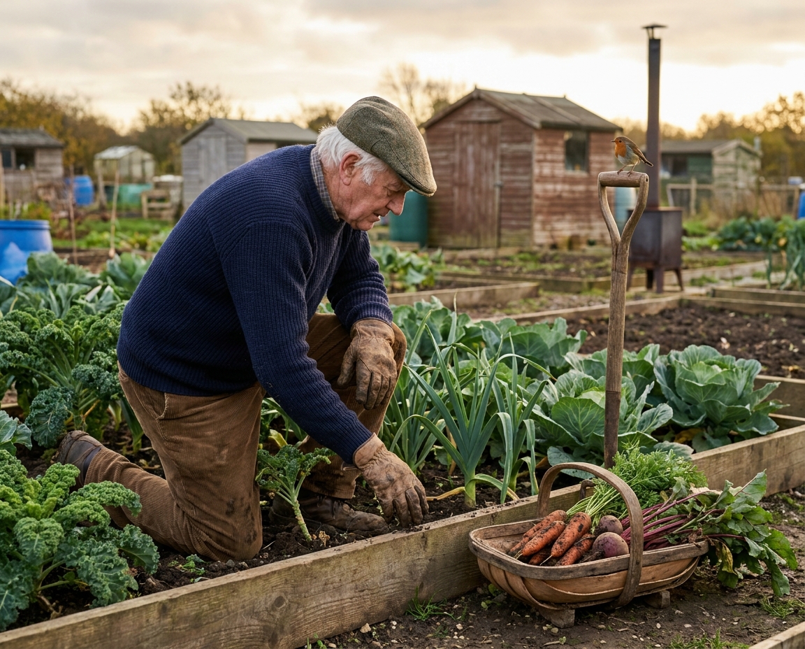 An elderly man tending a community allotment in late afternoon light