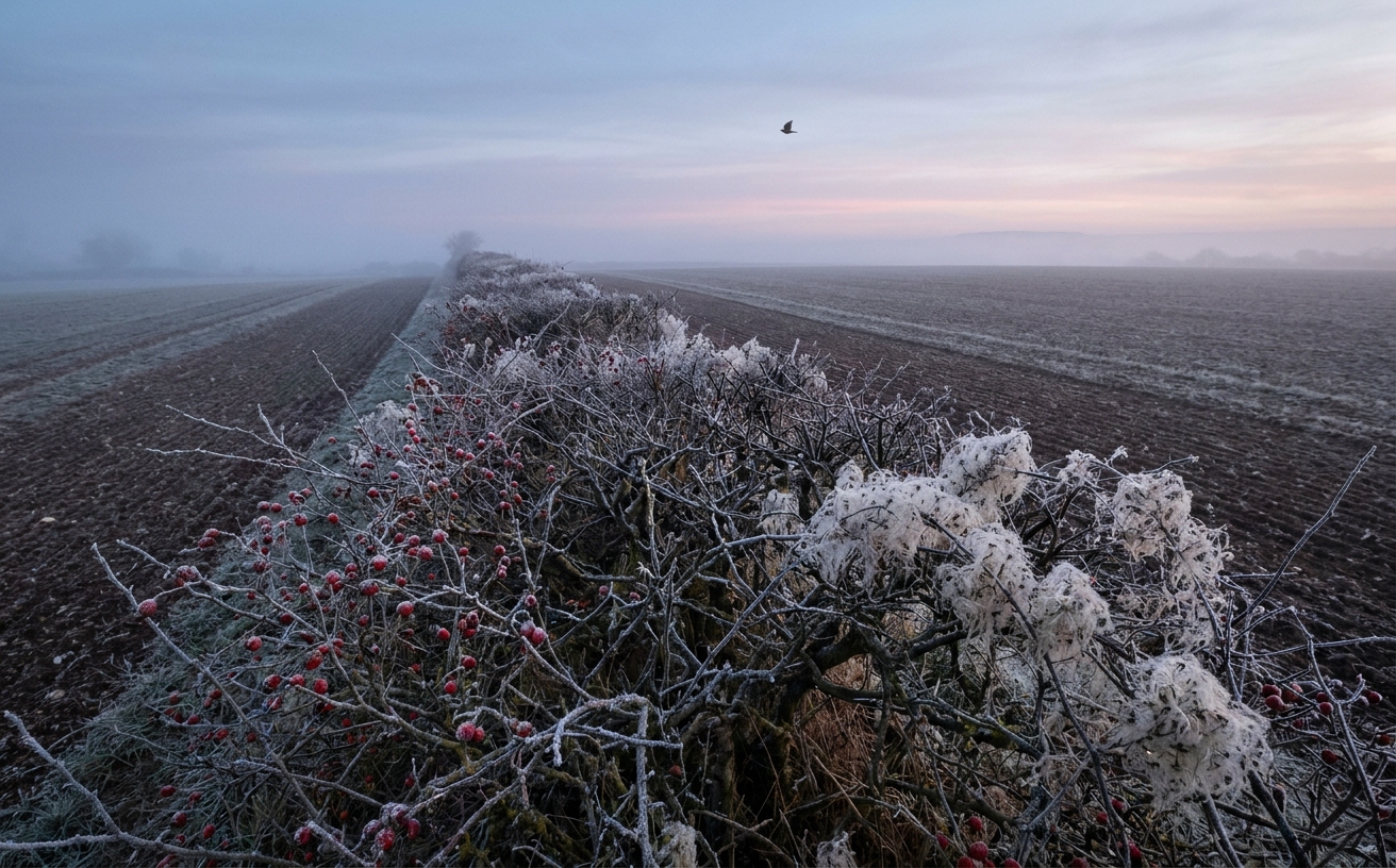 A traditional English hedgerow at dawn