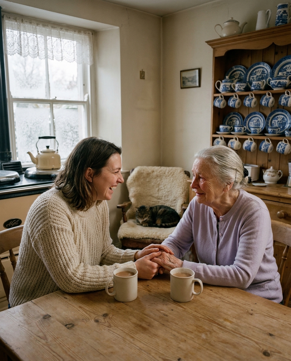 A volunteer sits with an older woman in her kitchen, sharing tea and laughter on a winter afternoon.