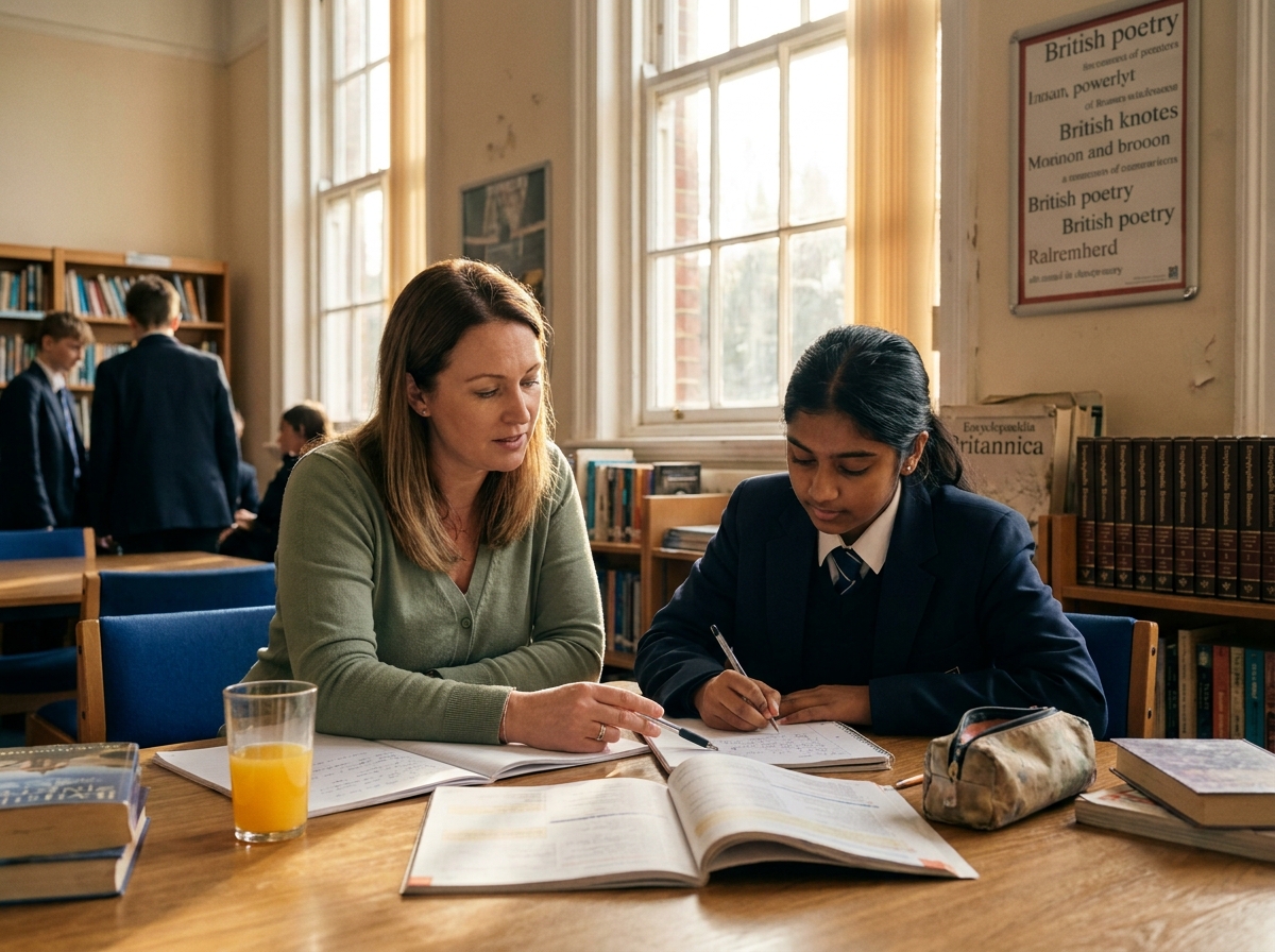 A youth worker reviewing coursework with a teenage girl in a library