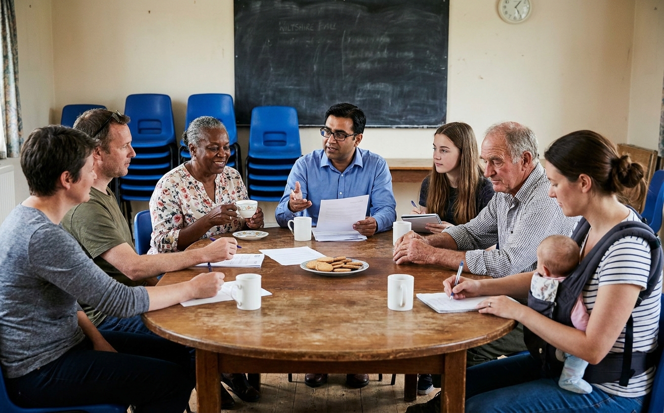 A community group meeting around a wooden table sharing ideas