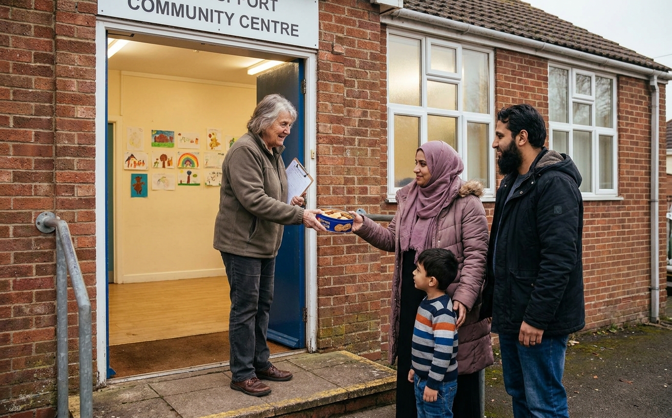 A family at the door of a welcoming community centre