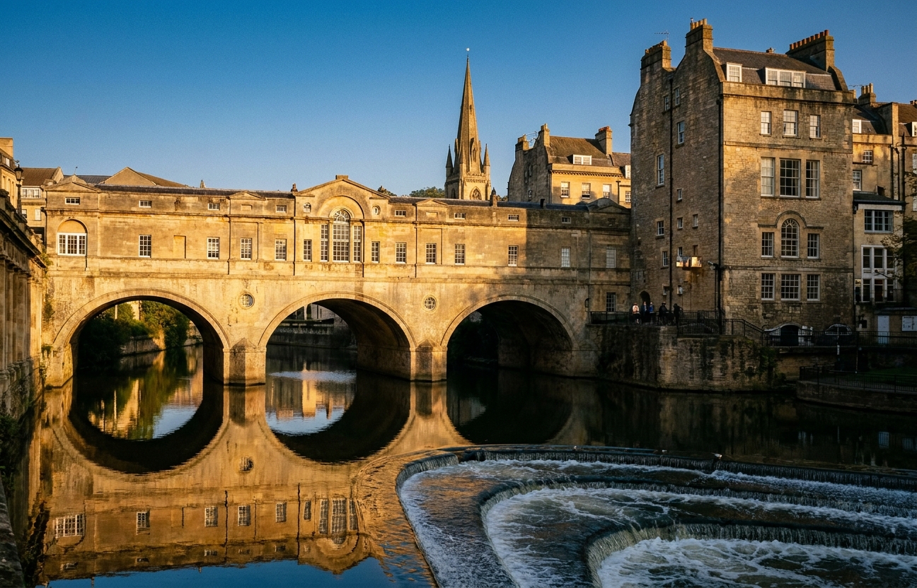 The historic Pulteney Bridge in Bath, on the River Avon, photographed at golden hour