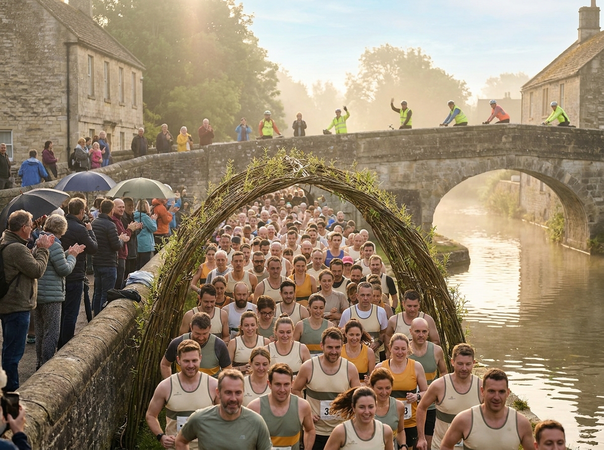 Runners along the Kennet and Avon Canal towpath in early morning light