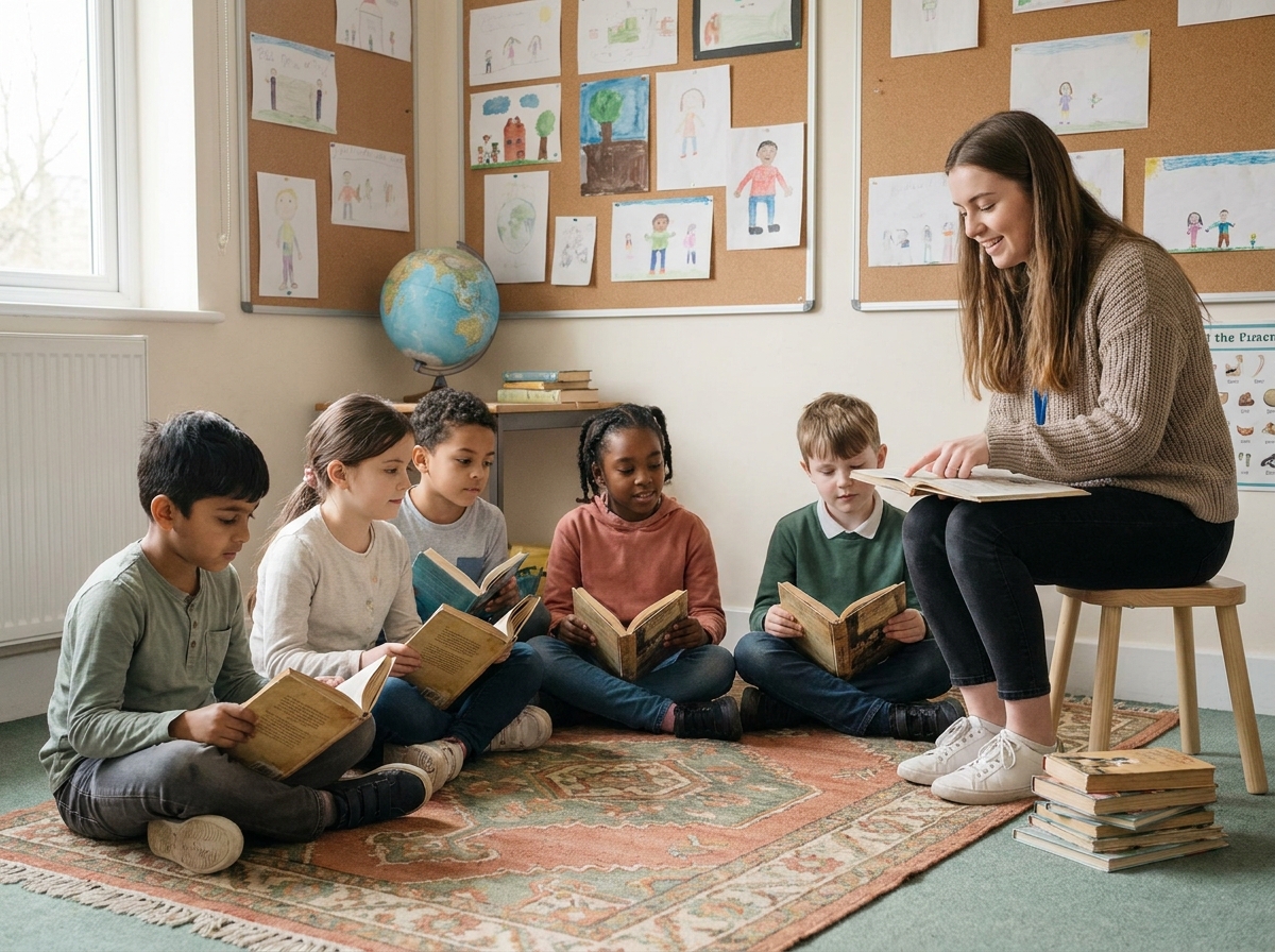 A primary school pupil reading aloud to a volunteer in a classroom