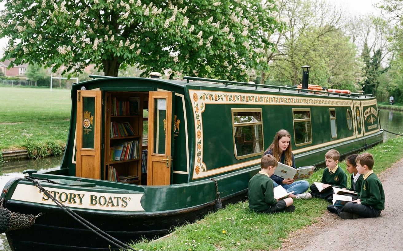 A child reading on a narrowboat library