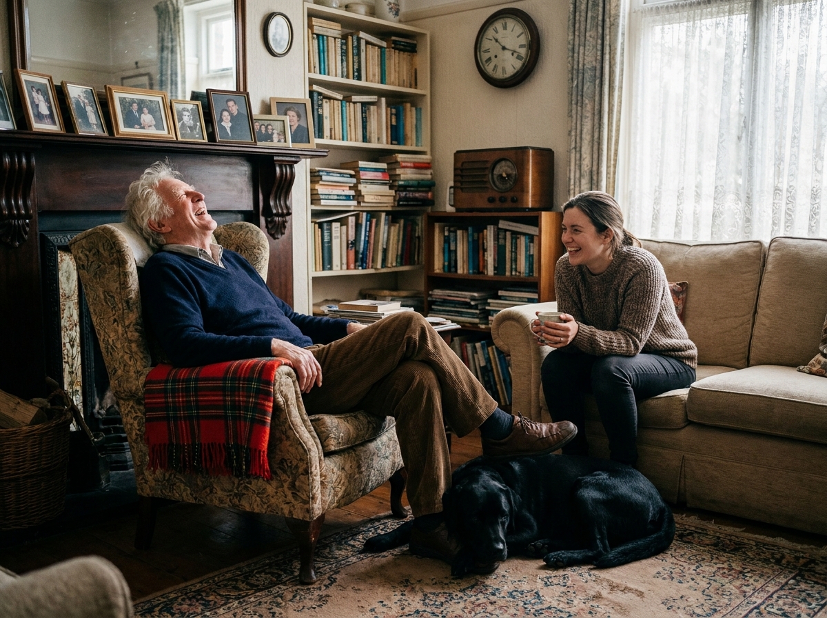An elderly man laughing with a younger volunteer in a community café