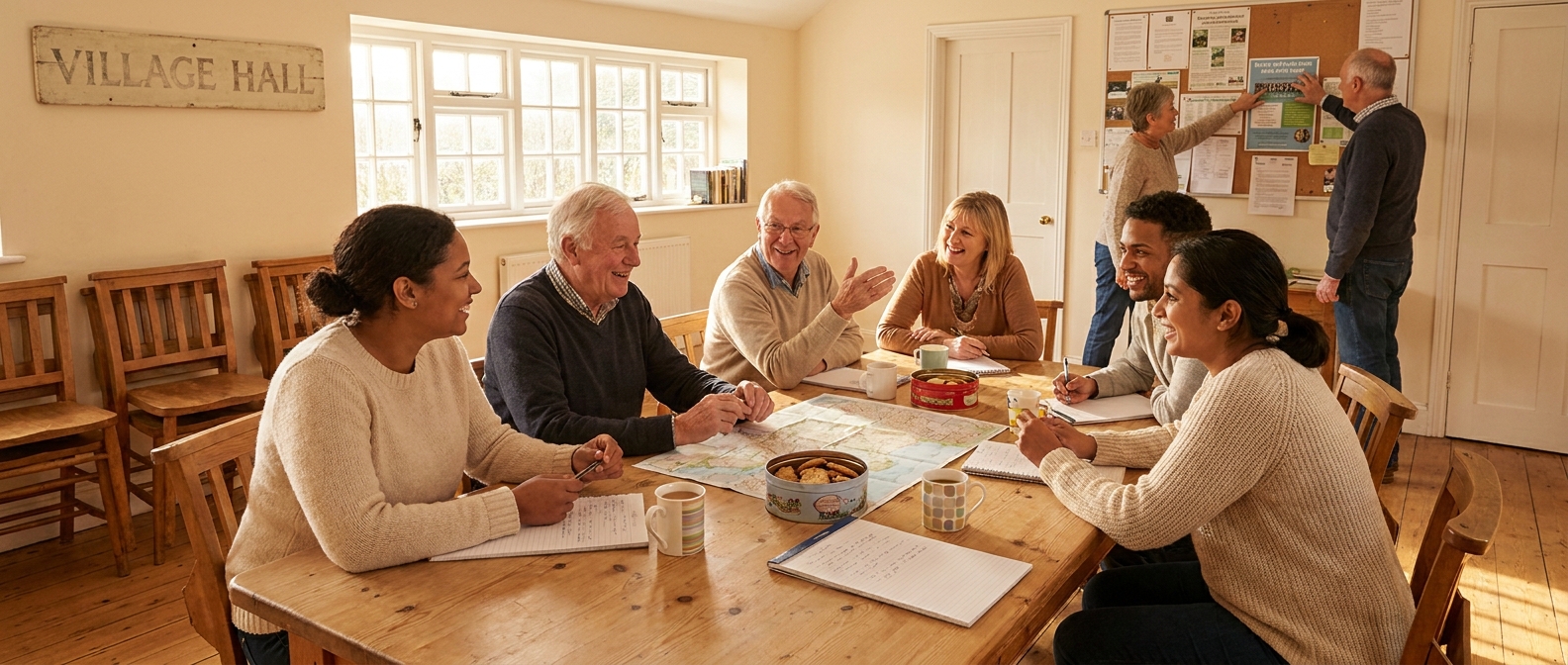 A group of volunteers gathered around a table, planning a community event in soft afternoon light