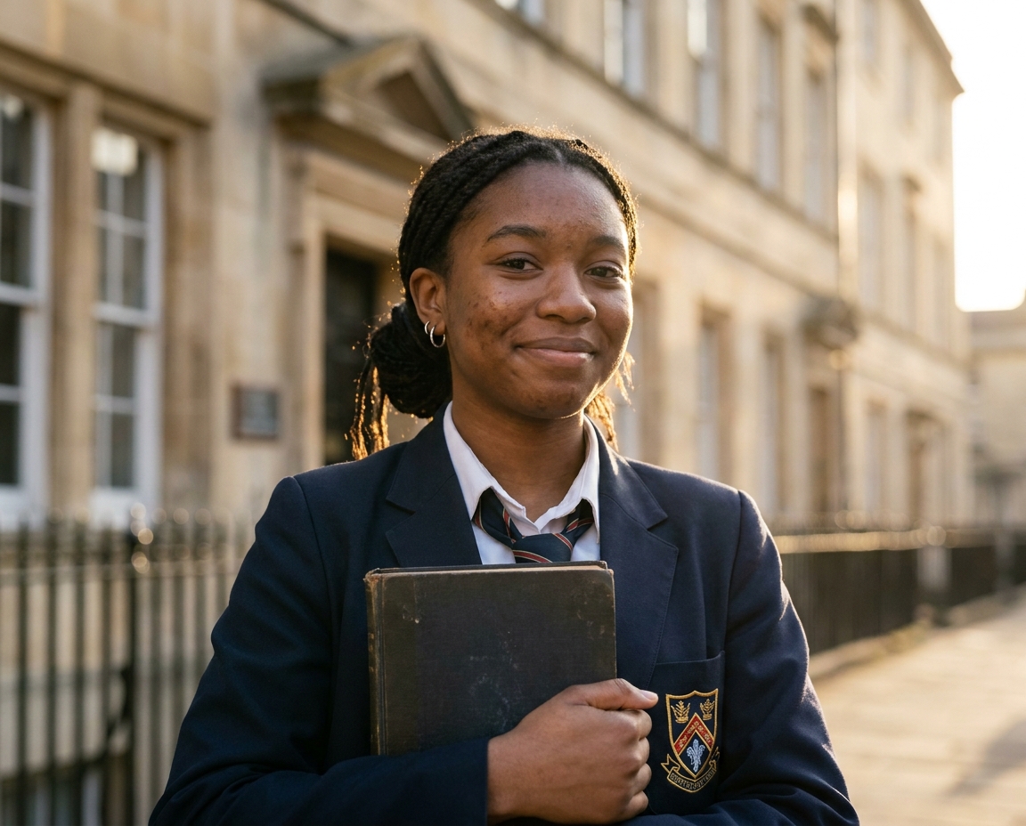 A teenage girl in a school uniform smiling outside her sixth-form college